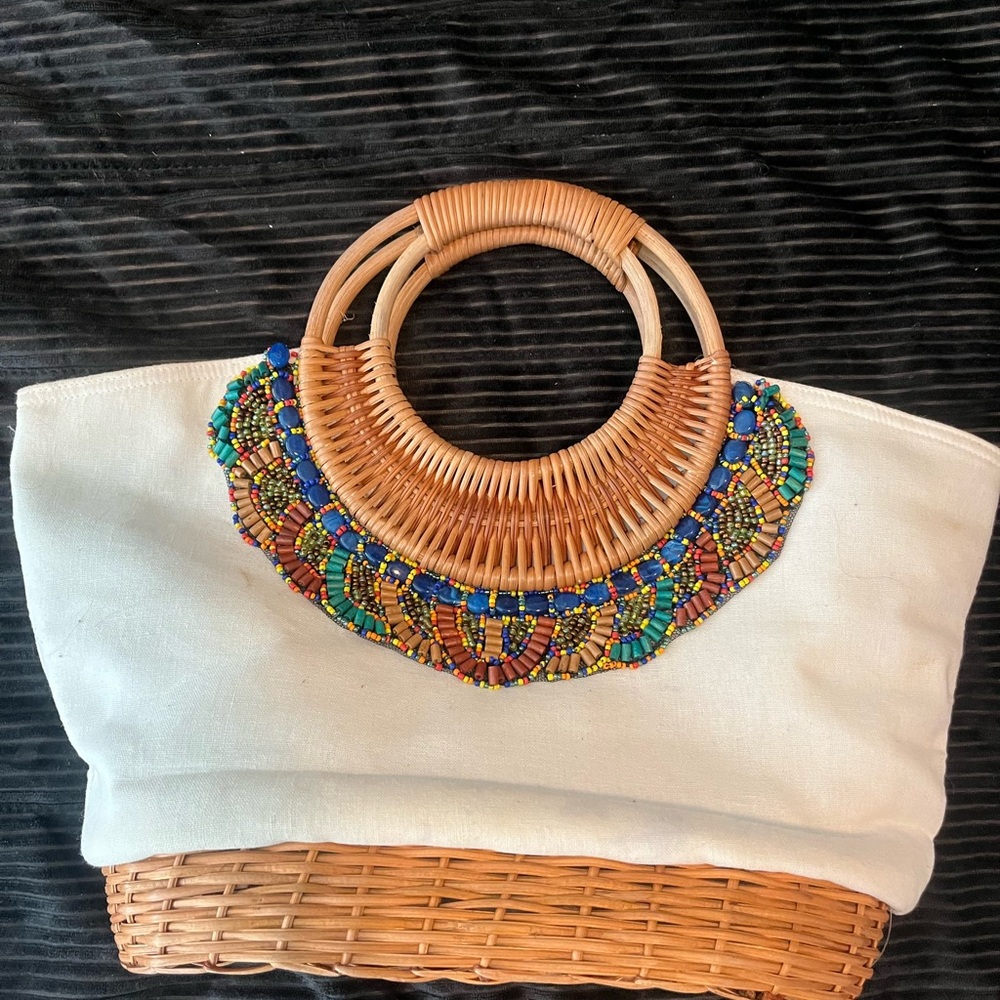 Woven Basket Tote with Beaded Detail